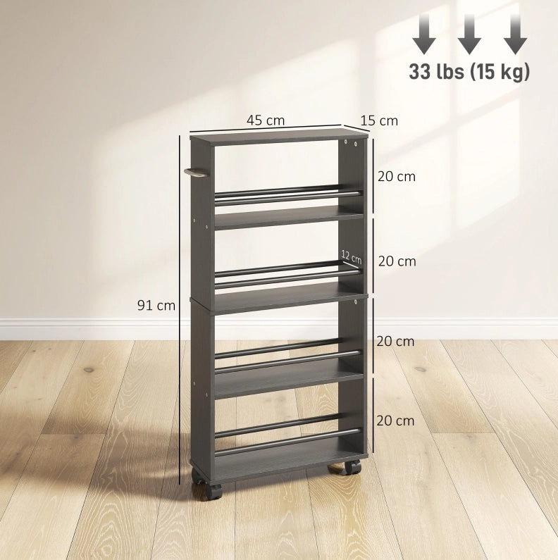 Carrello contenitore multifunzione nero con 4 ripiani, 45x15x91 cm, con ruote