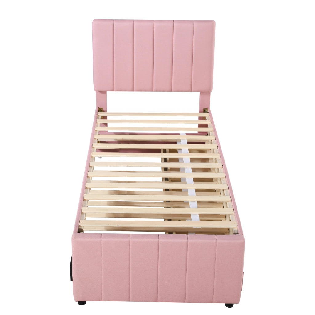 Letto imbottito 90x200 cm con letto estraibile e 3 cassetti in cotone e lino rosa