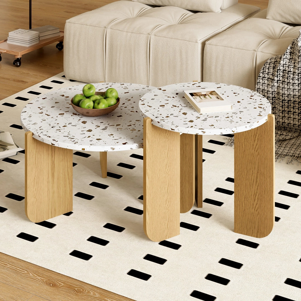 Tavolini bassi impilabili a nido in MDF, set da 2, con piano decorato e uso versatile per soggiorno e balcone