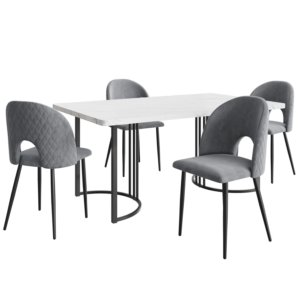 Set tavolo da pranzo 140x80 cm con 4 sedie in velluto grigio e piedini regolabili