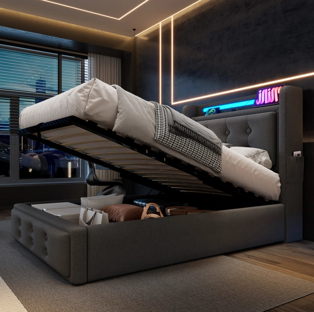 Letto singolo 90x200 cm con contenitore; testiera LED e prese di ricarica; grigio