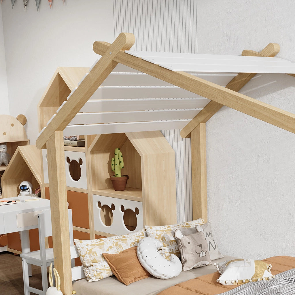 Letto casetta per bambini 90 × 190 cm 1 posto, senza materasso, in pino, truciolare e MDF, bianco naturale