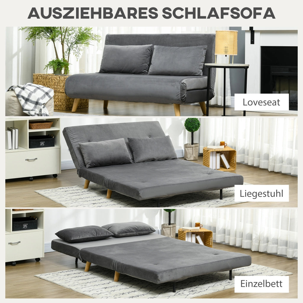 Divano Letto Relax a 2 Posti con 2 Cuscini, Effetto Velluto Grigio, Multifunzionale, Compatto per Casa, 130 x 78 x 79 cm