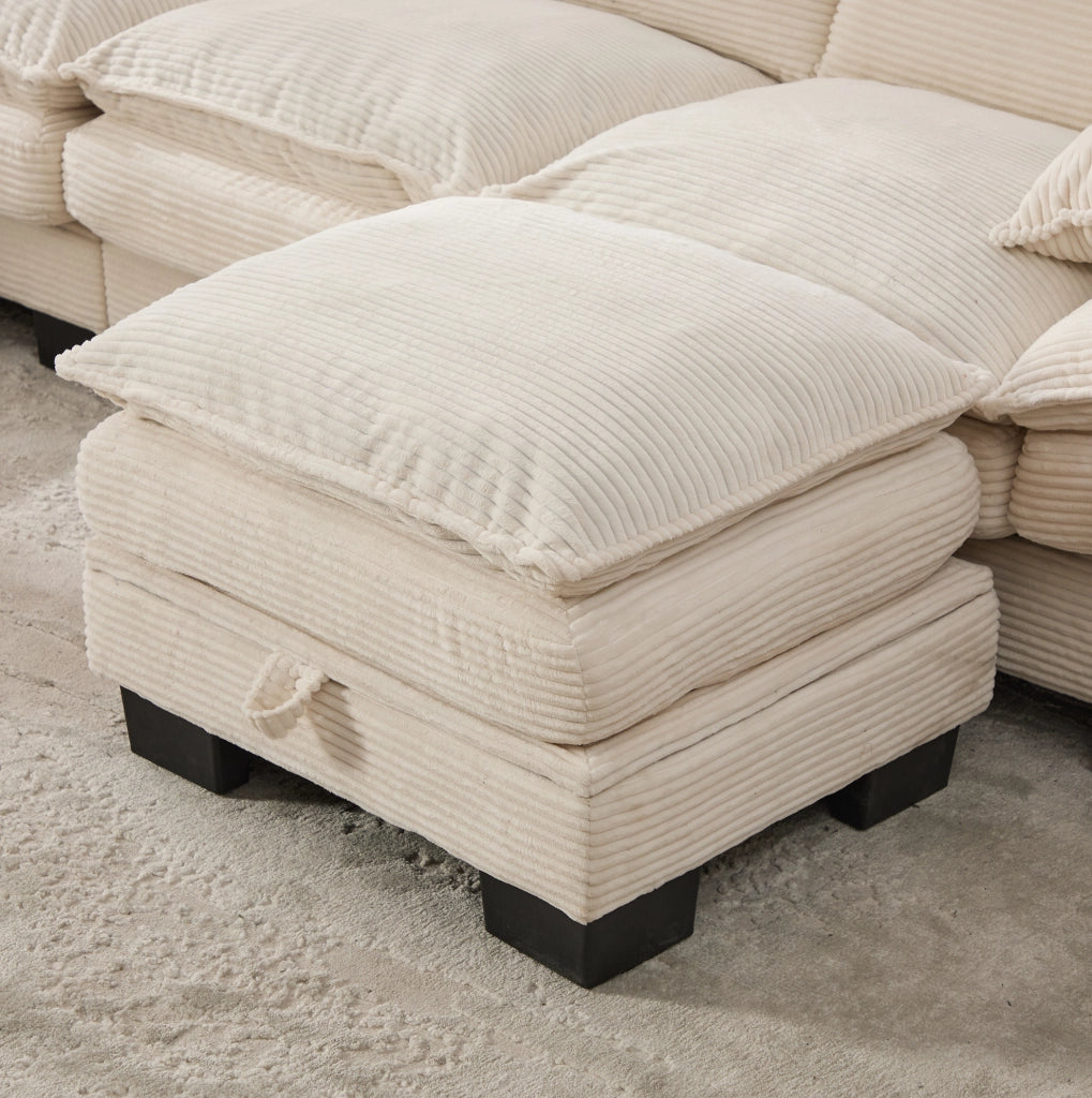 Sofa modulare 2 posti in corduroy con 2 pouf; USB-C; beige; 190x132x84 cm