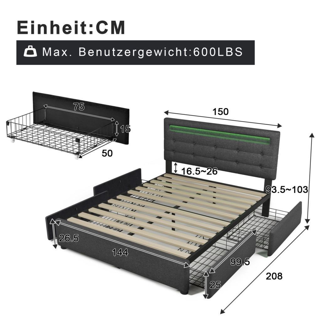 Letto matrimoniale con LED, 4 cassetti e testiera regolabile