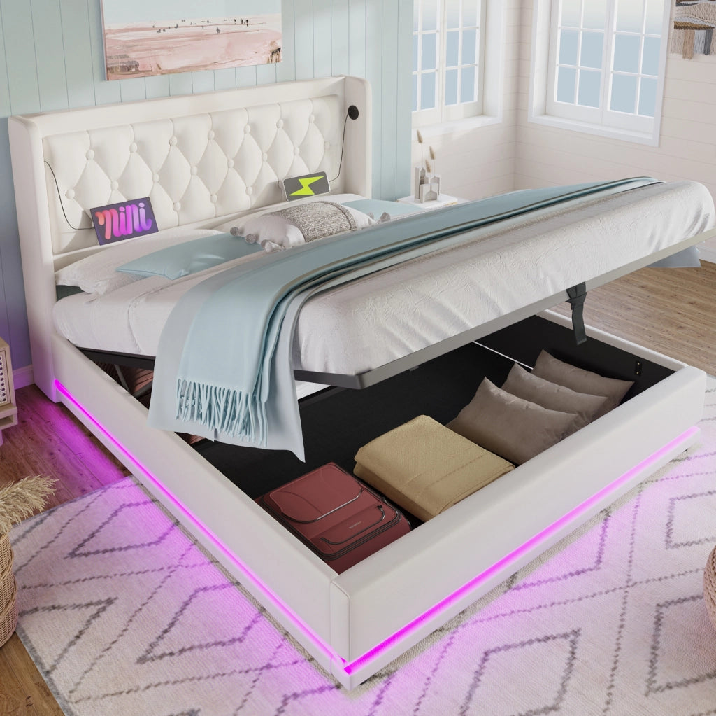 Letto matrimoniale 180x200 cm bianco in PU con contenitore idraulico, LED e ricarica USB-C