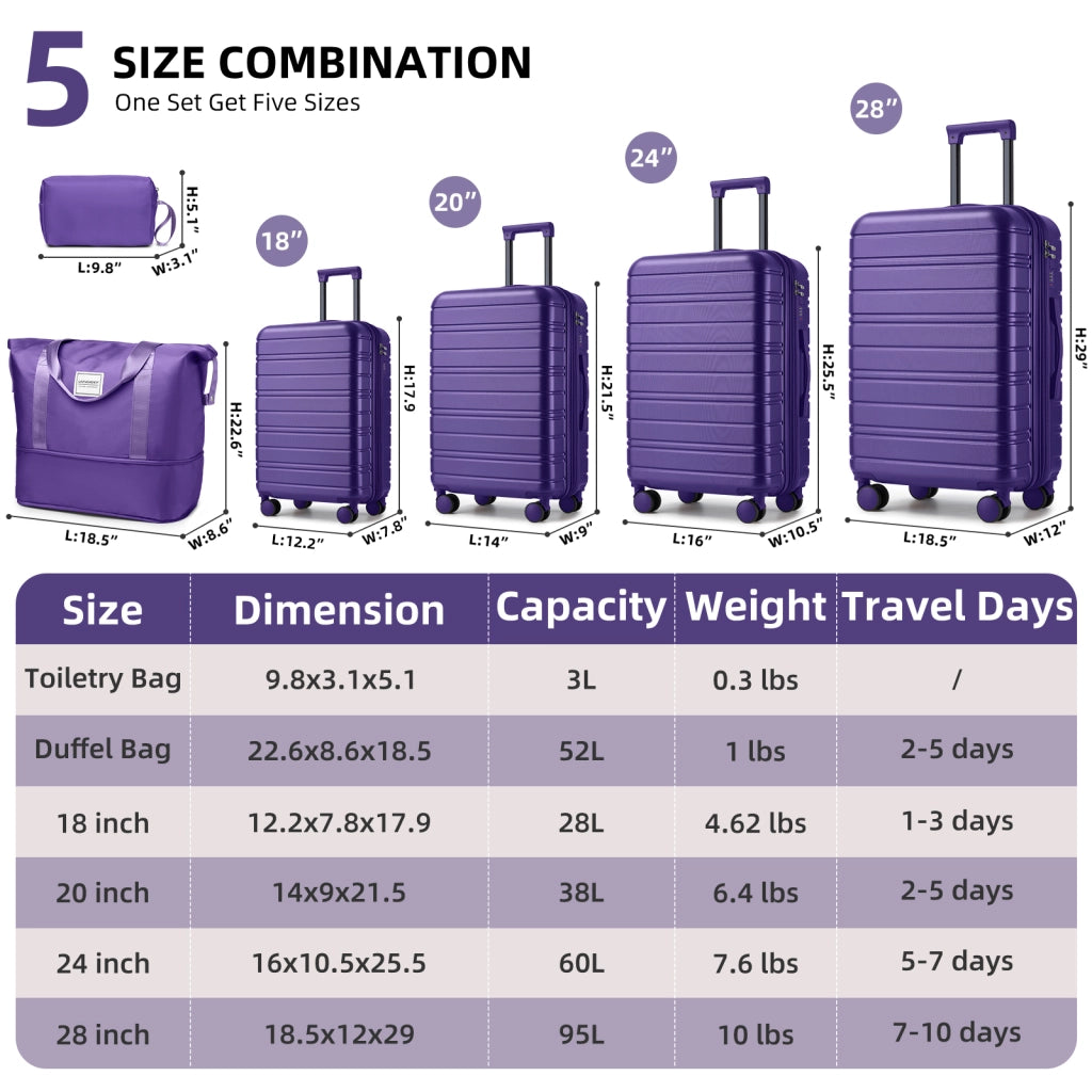 Set valigie rigide espandibili con trolley 20 24 28 pollici borsa weekend e beauty case ABS viola scuro con lucchetti