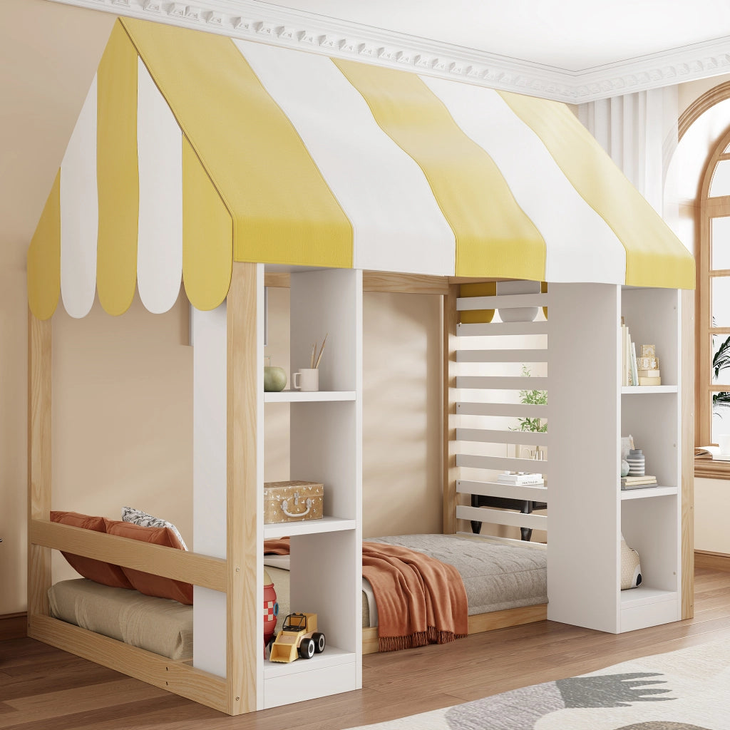 Letto per bambini 90 × 200 cm con baldacchino e due vani aperti in legno bianco e naturale