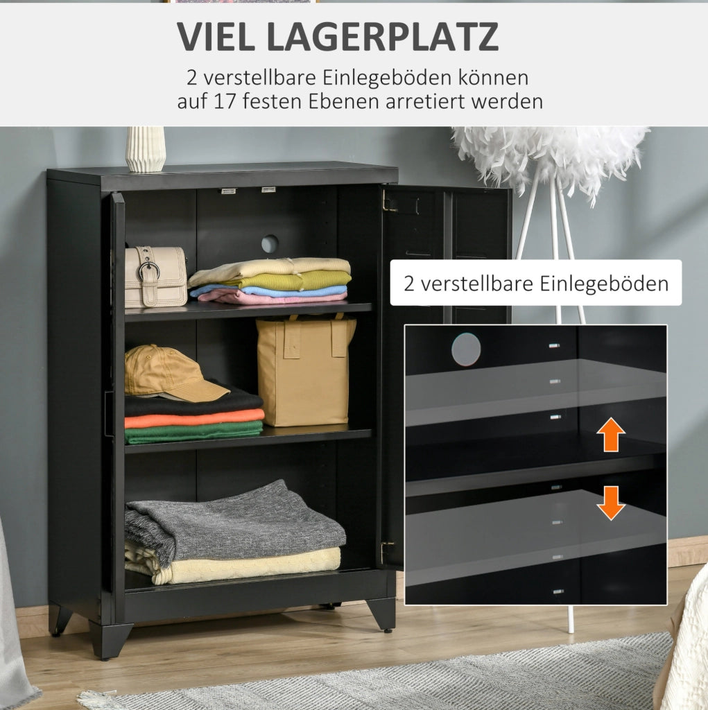 Armadio contenitore in metallo nero con ante a lamelle e 2 ripiani regolabili; 75x33x110 cm