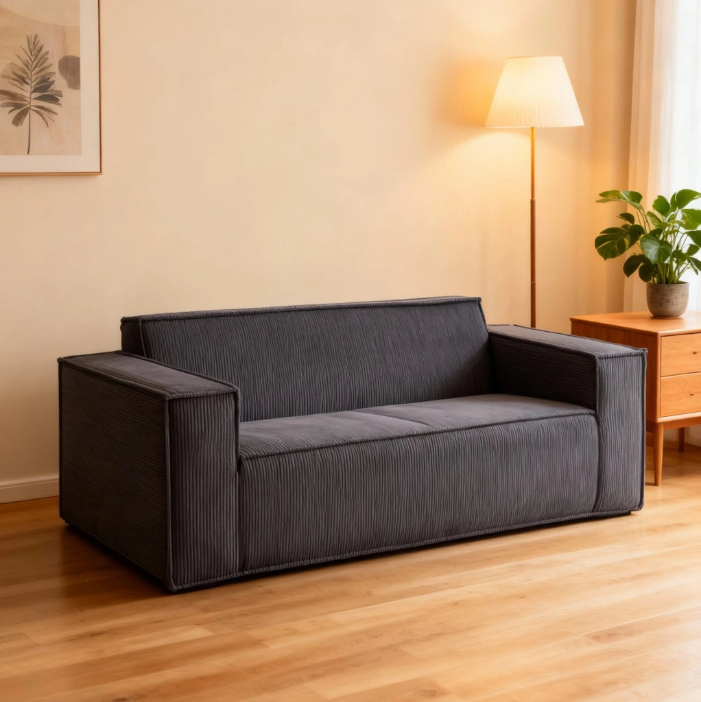 Divano 2 posti 178x86x70 cm in velluto a coste grigio, seduta profonda