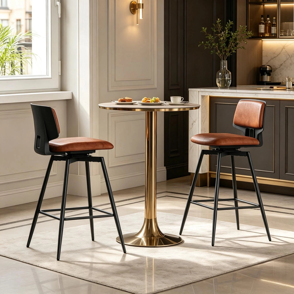 Set di 2 sgabelli da bar girevoli con schienale ergonomico, in similpelle marrone
