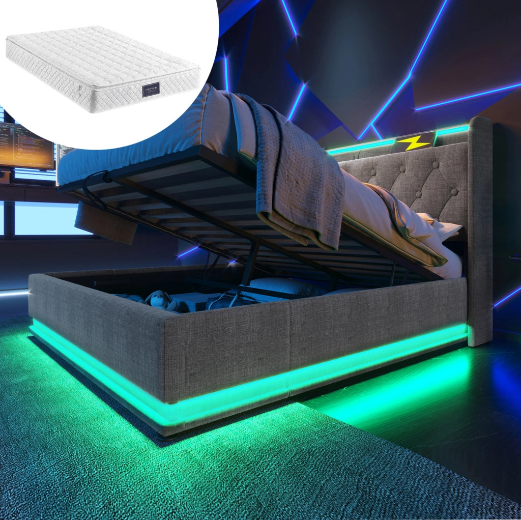 Letto matrimoniale 140x200 cm con materasso incluso, LED 360°, contenitore idraulico e USB Type-C