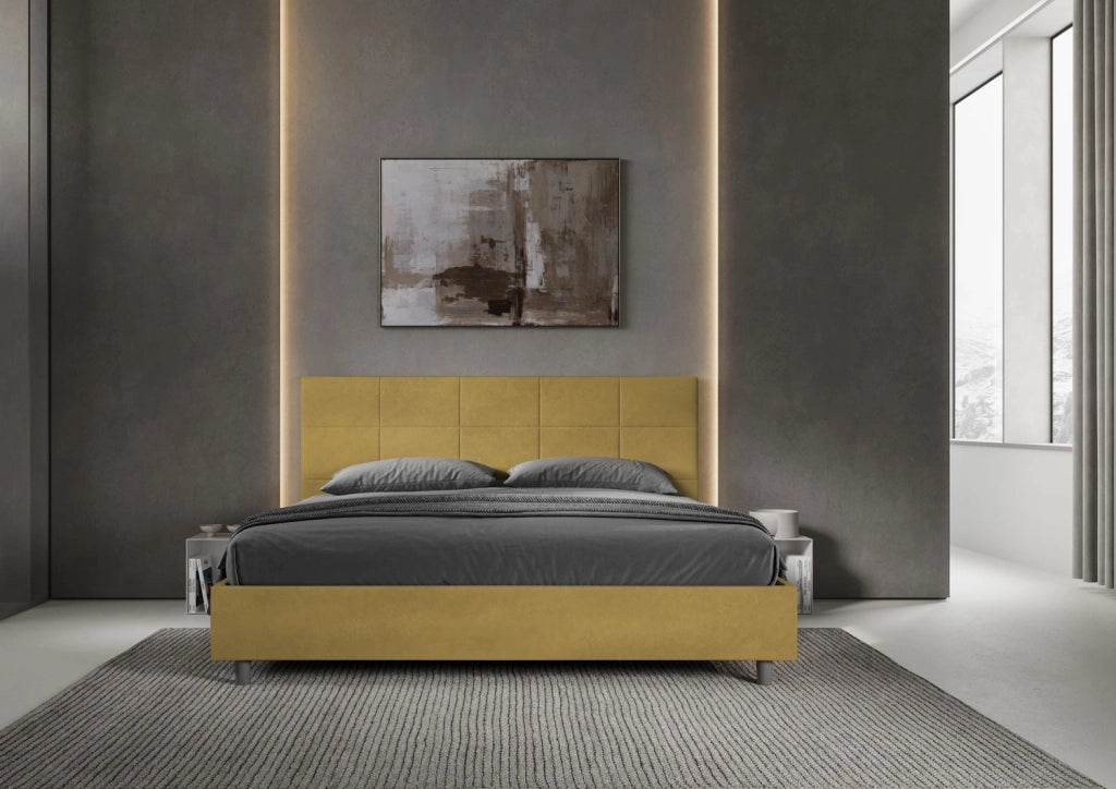 Letto Matrimoniale Queen Size 150x210 cm con Rete Imbottito in Microfibra Mika Ocra