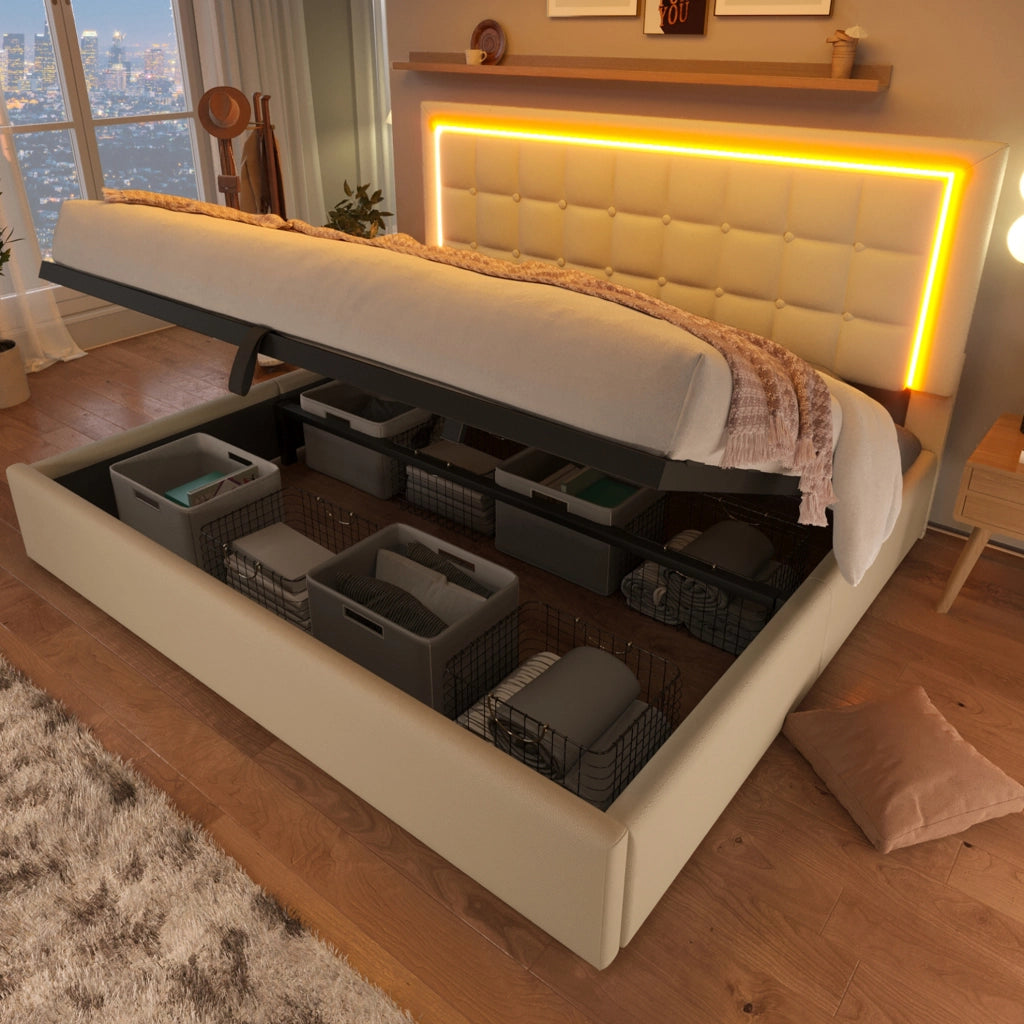 Letto matrimoniale imbottito 140x200 cm con rete a doghe, contenitore e striscia LED, rivestimento in similpelle bianca, con materasso incluso