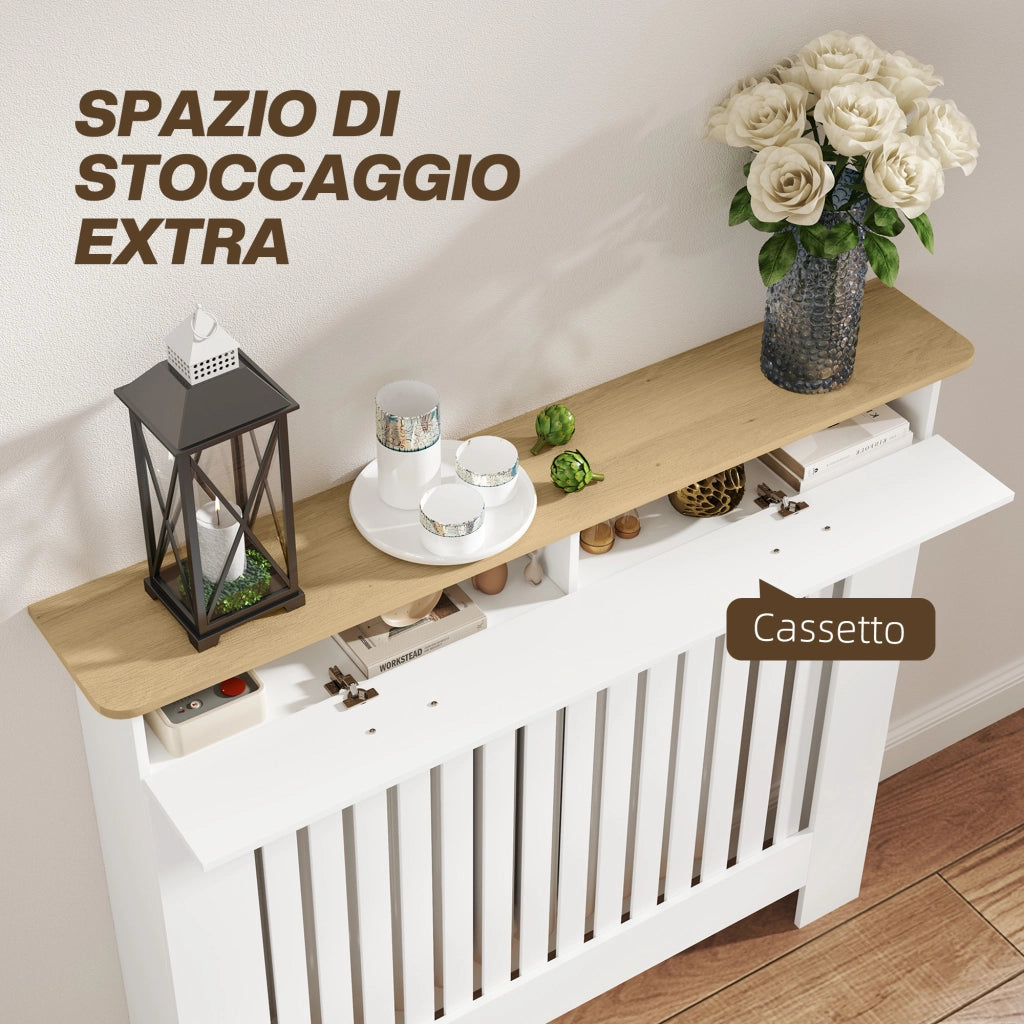 Copritermosifone Moderno in Legno Bianco a Doghe con Cassetto Portaoggetti e Sistema Antiribaltamento, per Casa, 112x19x97 cm