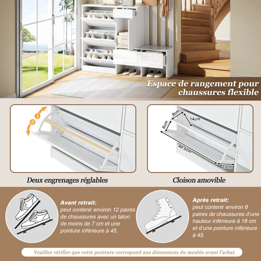 Set di mobili da ingresso con scarpiera a ribalta; panca e appendiabiti in MDF bianco 160 × 35 × 160 cm