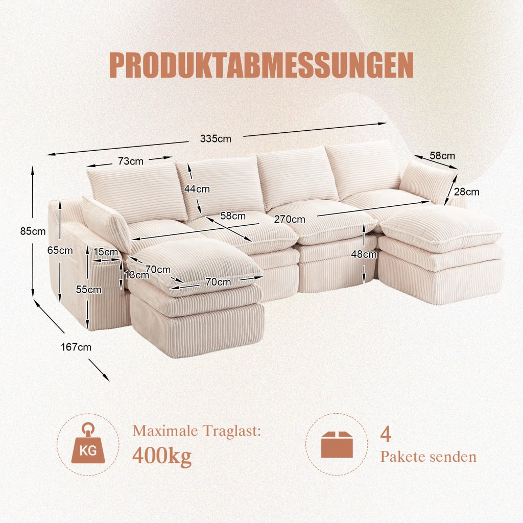 Divano modulare 4 posti con cuscini e tasche laterali; in corduroy beige