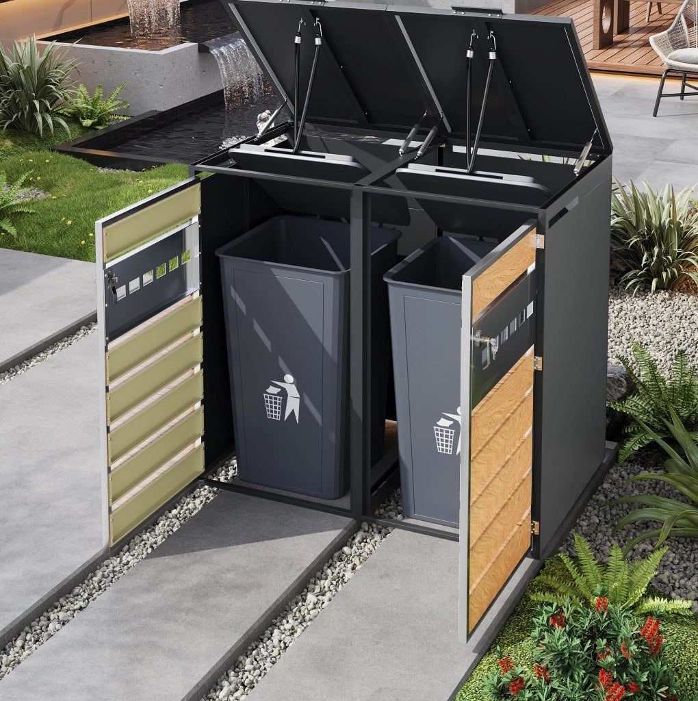 Contenitore per bidoni con coperchio a ribalta idraulico, struttura in acciaio zincato, porte chiudibili a chiave, design elegante con pannelli traforati orizzontalmente