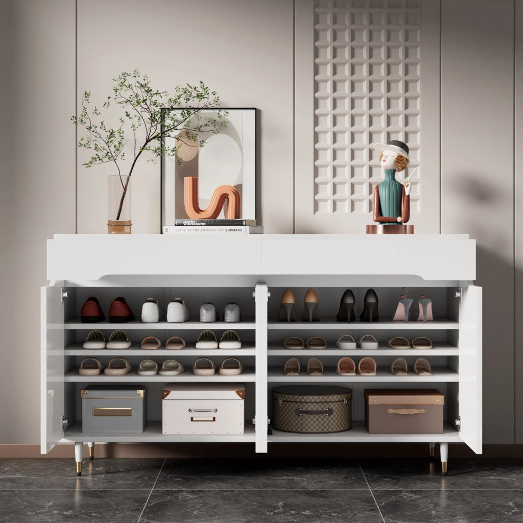 Mobile Scarpiera con 2 Ante e 2 Cassetti; Ripiani Regolabili; Piedini Dorati; Stile Moderno; in Pannello Truciolare; Bianco; 140??39??84 cm