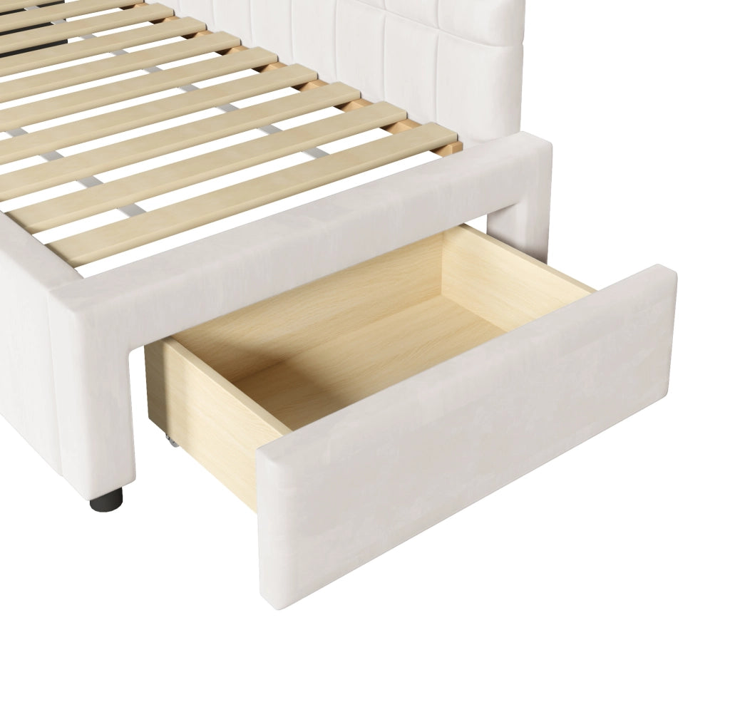 Letto angolare imbottito 90x200 beige con letto estraibile, cassetti e rivestimento morbido