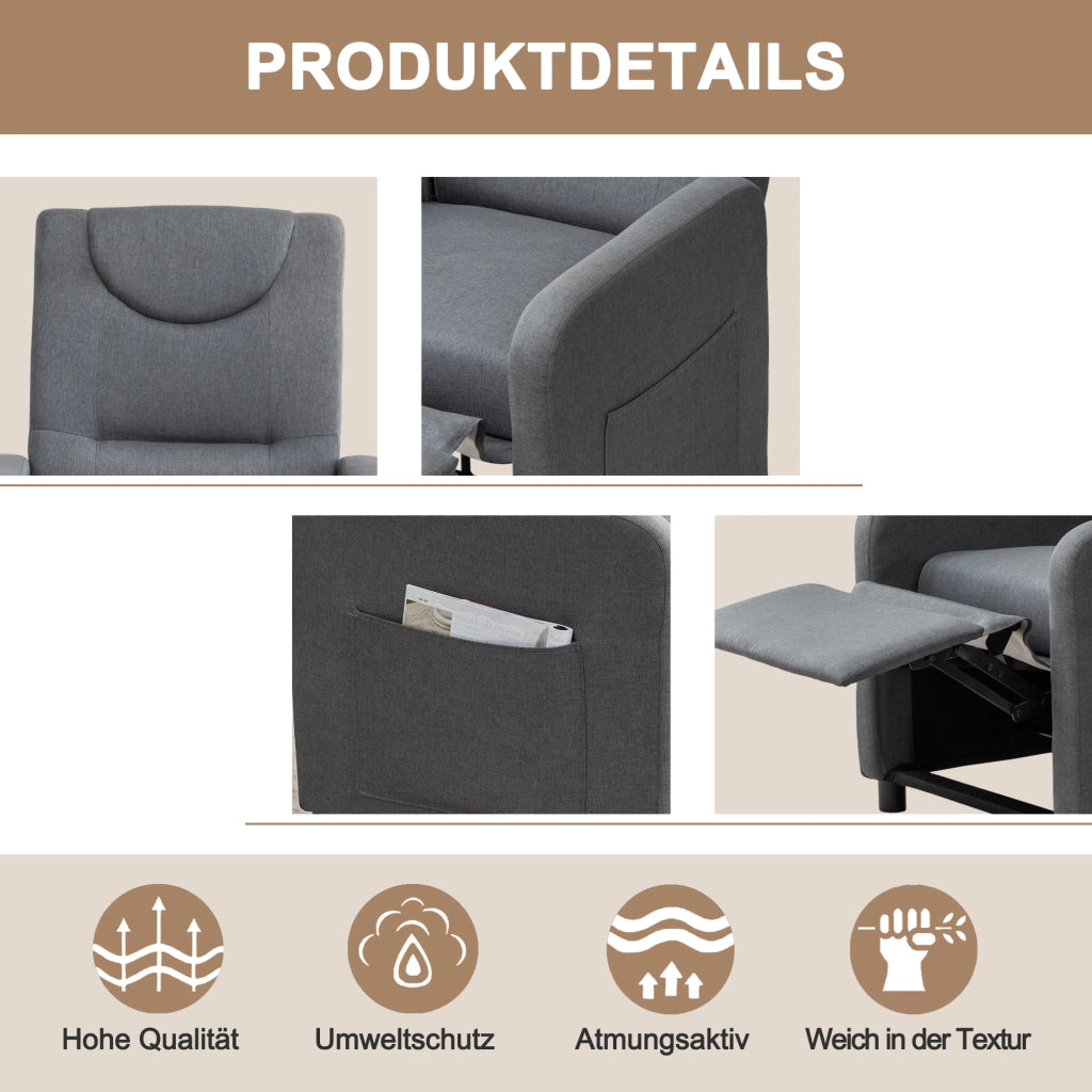 Poltrona reclinabile in lino grigio scuro con schienale multiangolo e poggiapiedi pieghevole 96 × 57 × 63 cm