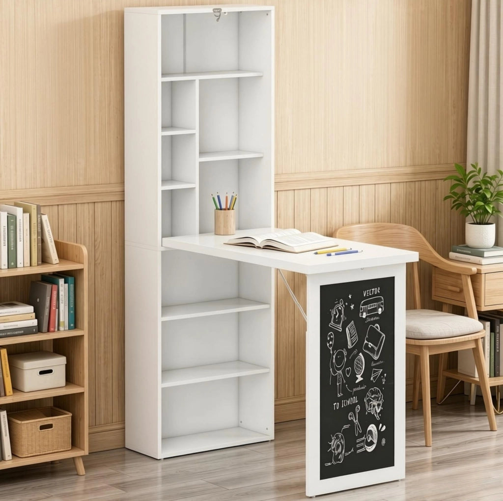 Scrivania da Parete Pieghevole in MDF e Legno di Pino 98x51x153 cm con Mensole e Lavagnetta