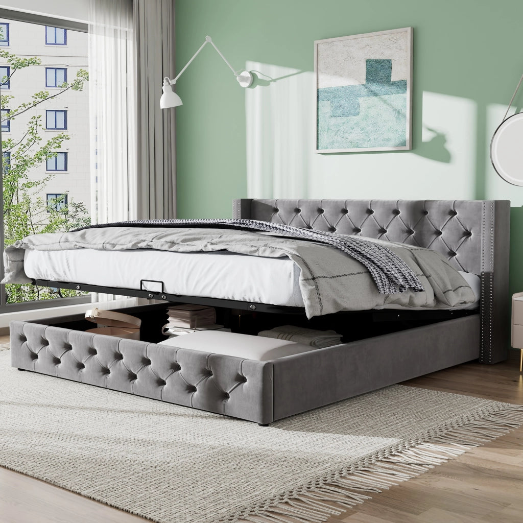 Letto matrimoniale contenitore 140 ¡Á 190 cm in velluto grigio con testiera capitonn¨¦ e rete a doghe