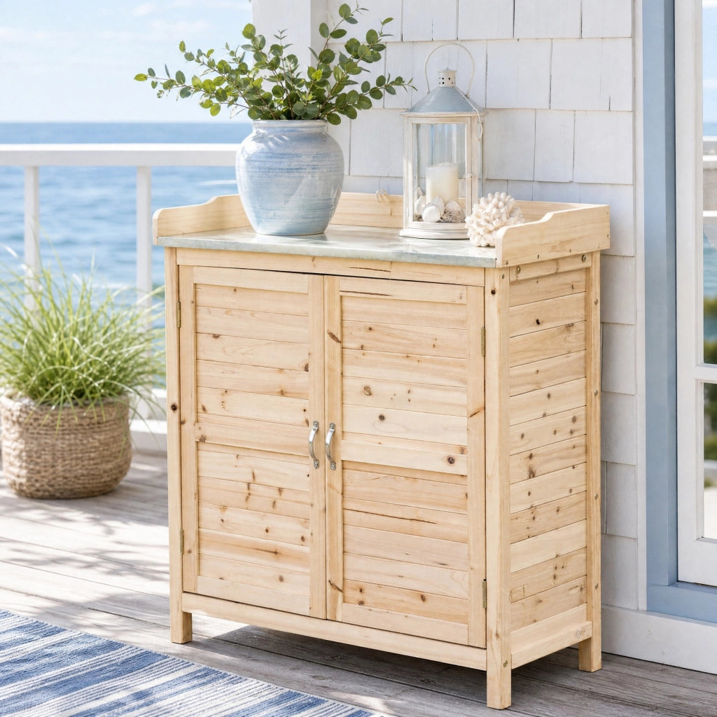 Tavolo da lavoro per giardinaggio con armadietto; 2 ripiani interni e piano zincato 83 × 40 × 92 cm