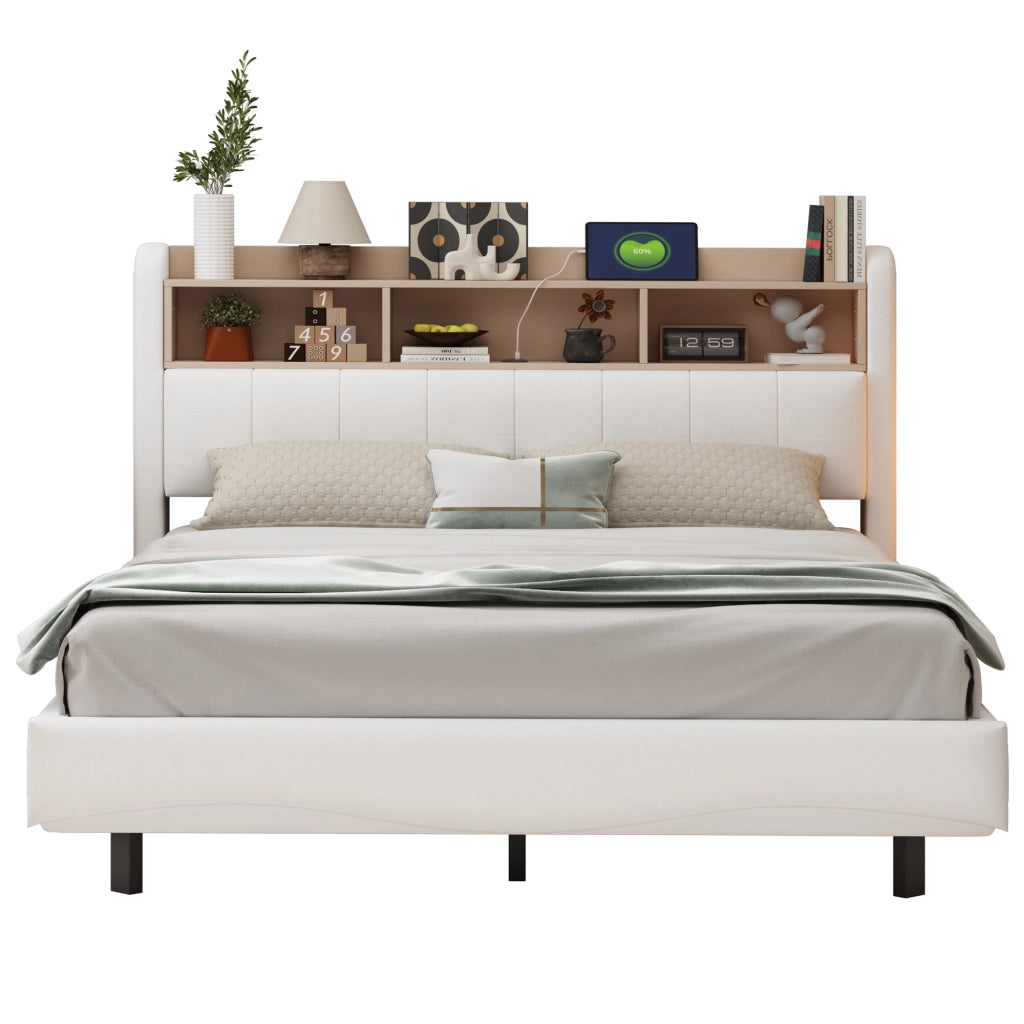 Letto imbottito sospeso 160x200 con luce LED; prese USB e Type-C; beige
