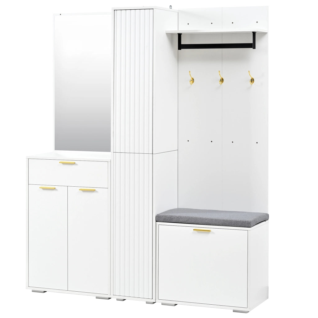 Mobile da ingresso con specchio e appendiabiti, 3 ante, scarpiera a ribalta, panca e cassetto, bianco, 150 × 36 × 180 cm