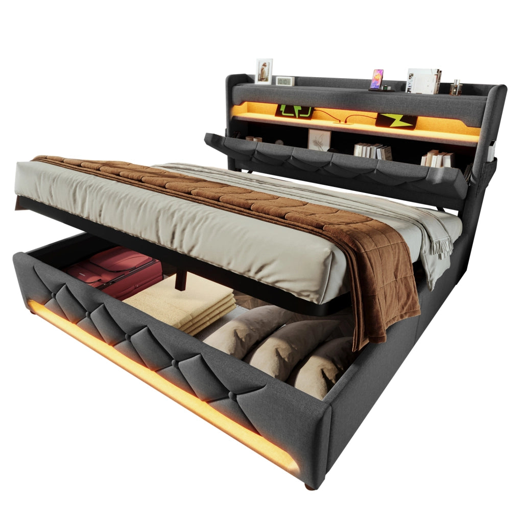 Letto matrimoniale imbottito 140x200 cm con testiera contenitore, porta USB e Type-C, illuminazione LED 360°, tessuto lino grigio senza materasso