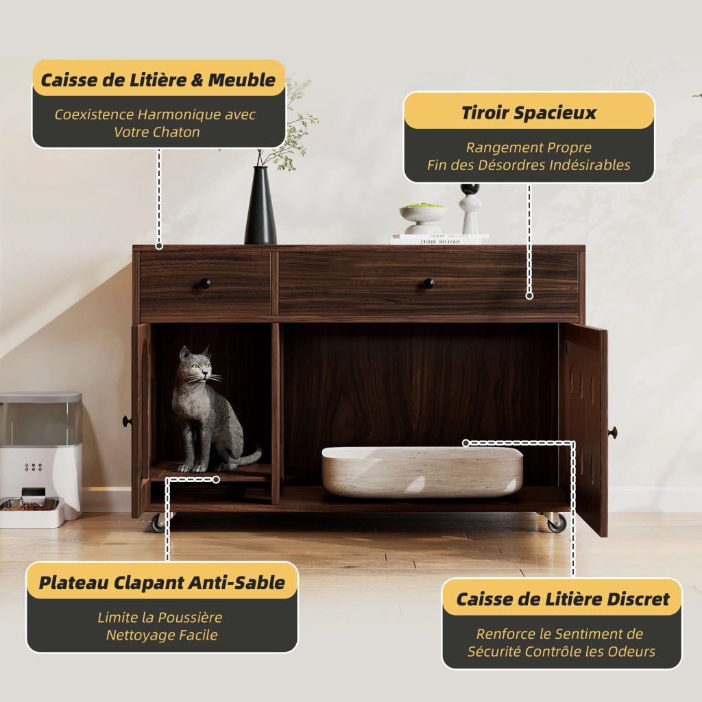 Mobile copriletiera per gatti con 2 cassetti; vassoio raccogli sabbia removibile e ruote noce 100 × 45 × 66 cm