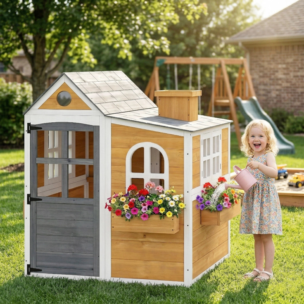 Casetta per bambini in legno da giardino con porta, finestre e 3 fioriere, casetta da gioco per esterno e interno, giallo