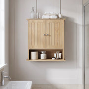 Mobile pensile da bagno in MDF effetto rovere con doppia anta e vano a giorno