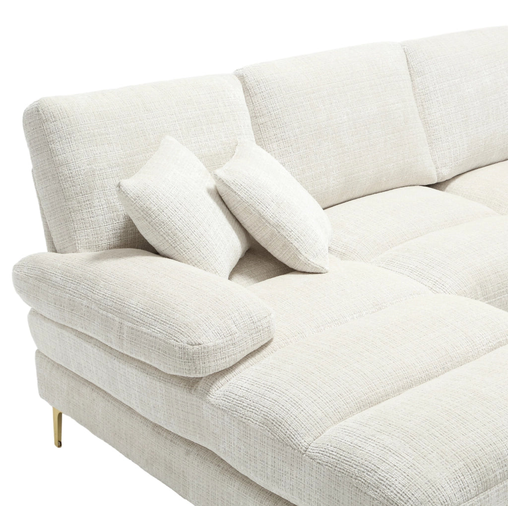 Divano modulare a sezioni Chenille a forma di U con doppi poggiatesta, struttura in legno, piedi in metallo oro, 272x136x88 cm