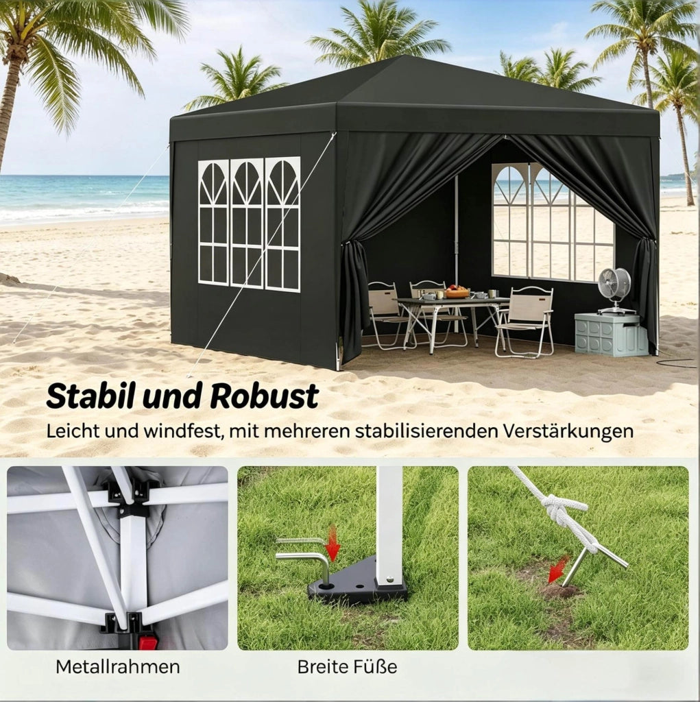 Gazebo pieghevole 3x3 m grigio con pareti laterali