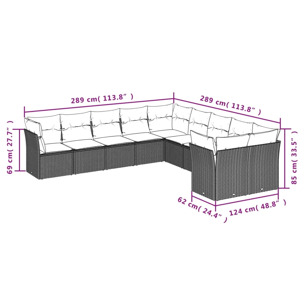 Set Divani da Giardino 10pz con Cuscini in Polyrattan Nero 3250074