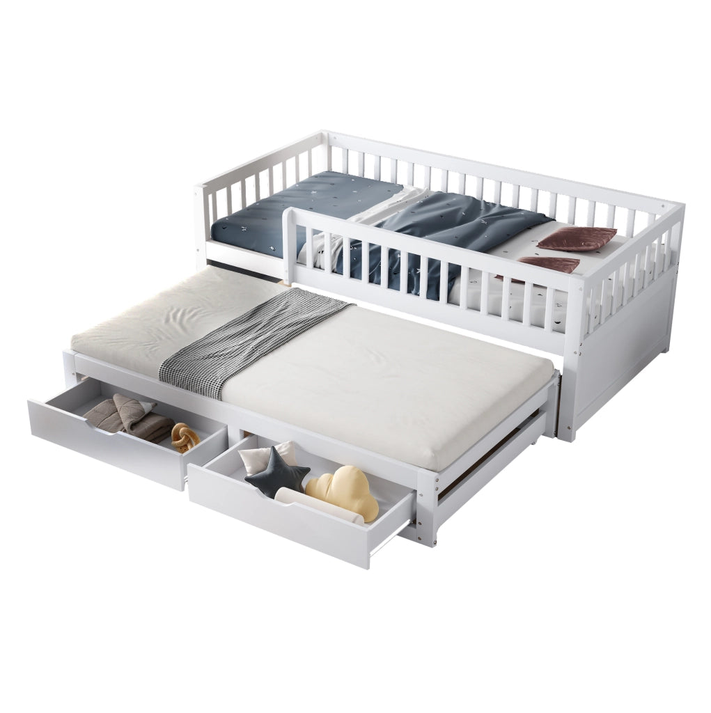 Letto singolo 90x200 cm con letto estraibile; 2 cassetti e rete; bianco
