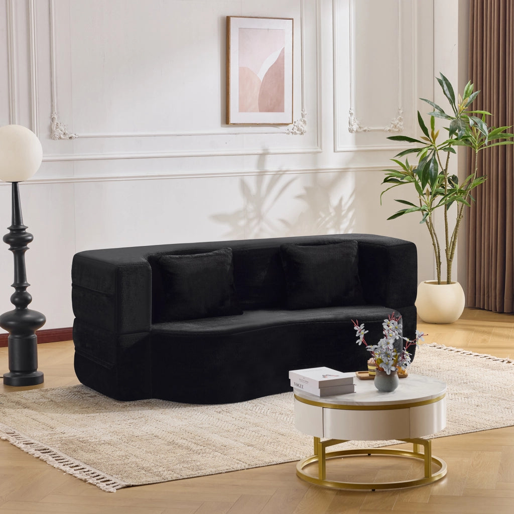 Divano letto pieghevole 2 in 1 in schiuma ad alta densità nero con 2 cuscini e rivestimento in peluche corto