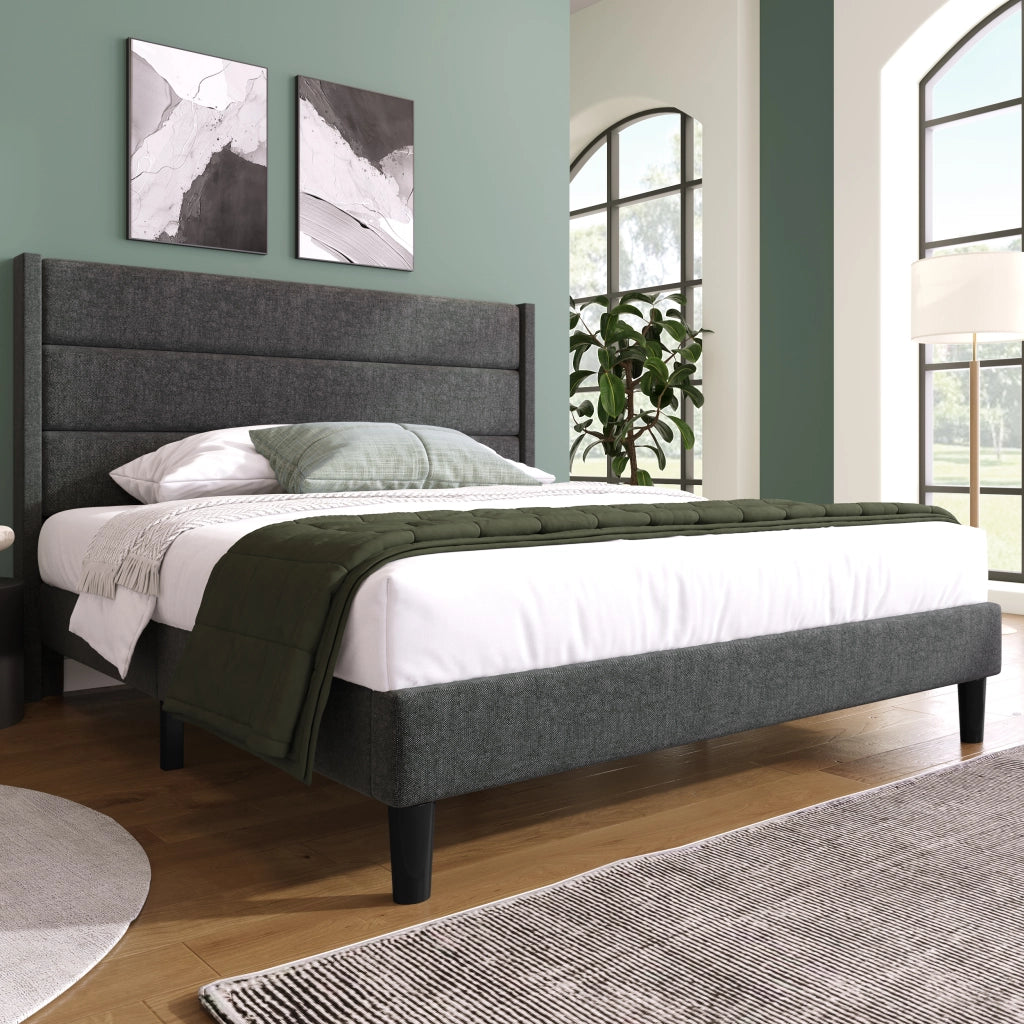 Letto matrimoniale 140 × 200 cm 2 posti, testiera imbottita e materasso H3 a 7 zone, in lino grigio scuro