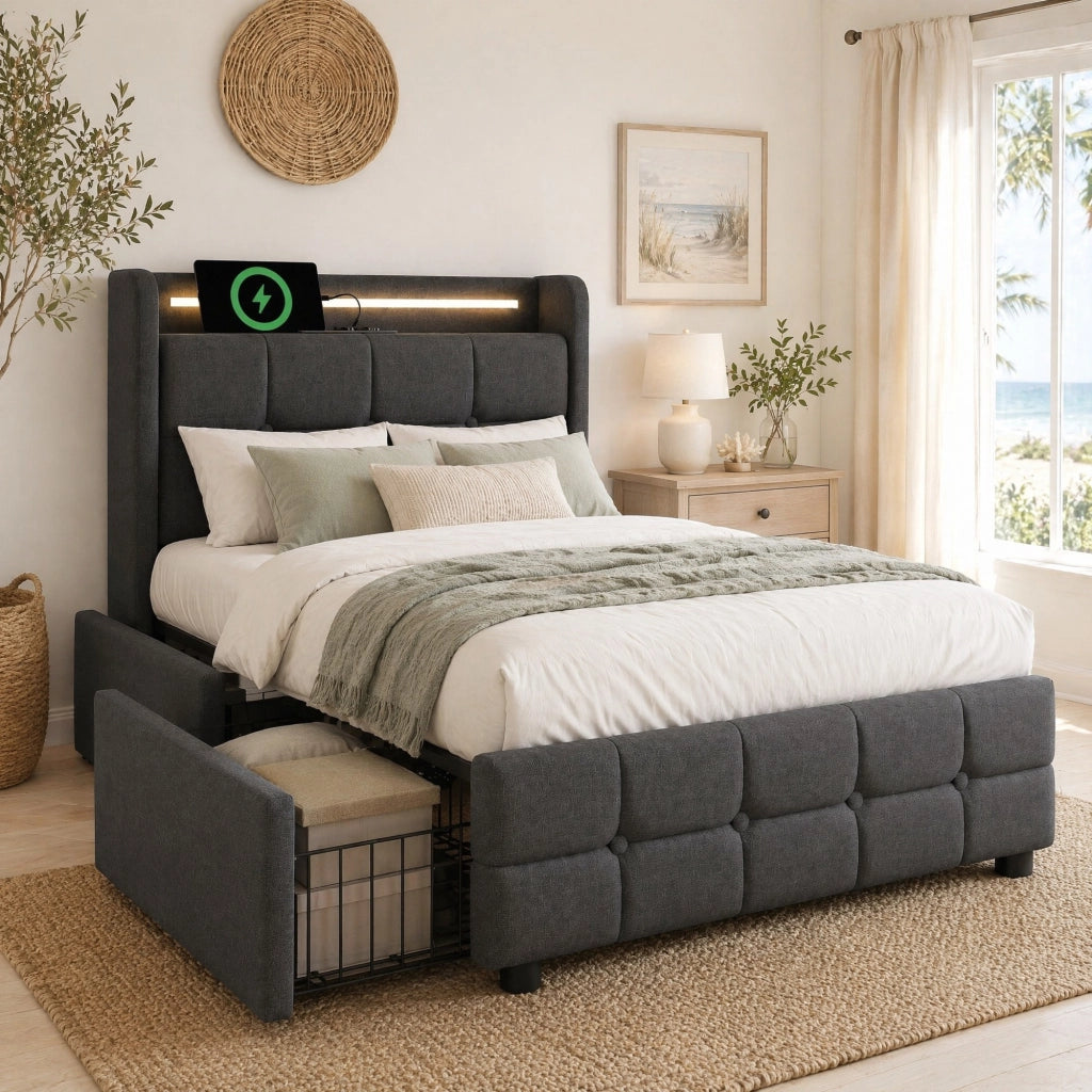 Letto con cassetti 90 × 200 cm con LED prese USB e due cassetti laterali struttura in metallo grigio