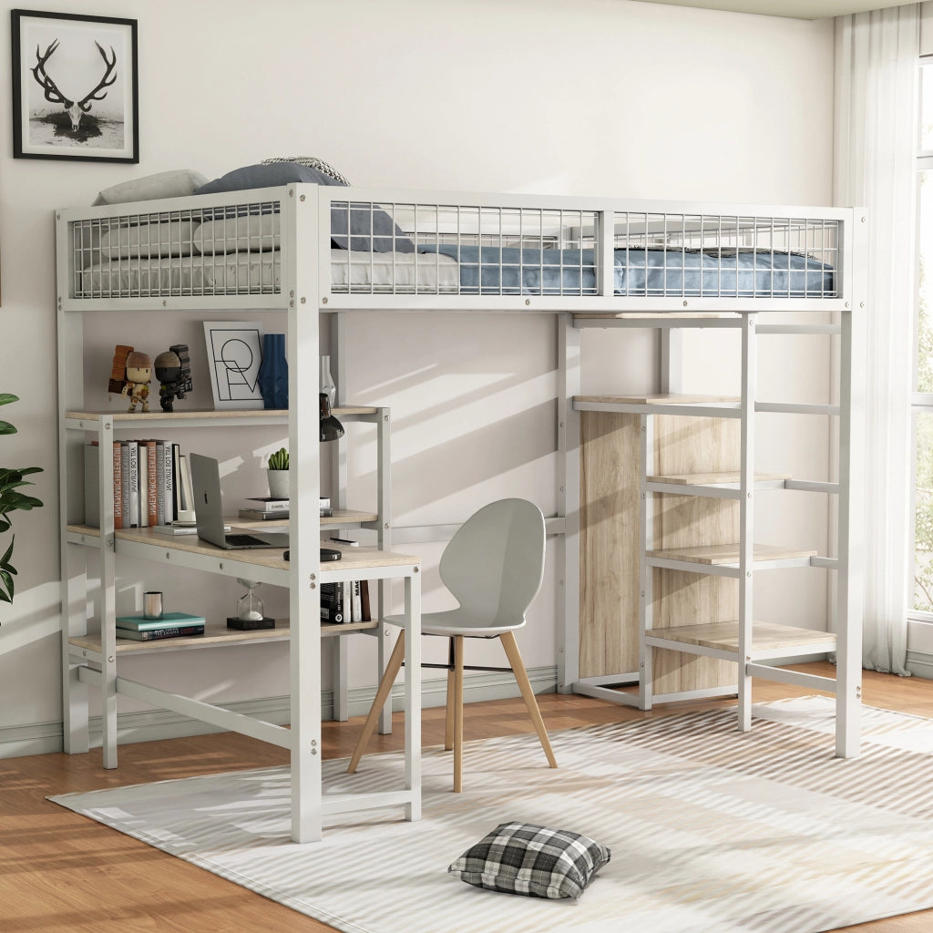 Letto a soppalco 140x200 cm per adulti con scrivania; ripiani e armadio integrato; metallo e MDF bianco