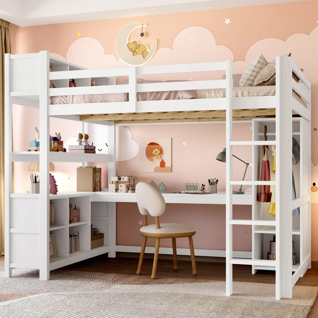 Letto a soppalco 140x200 cm bianco in pino con scrivania e contenitori