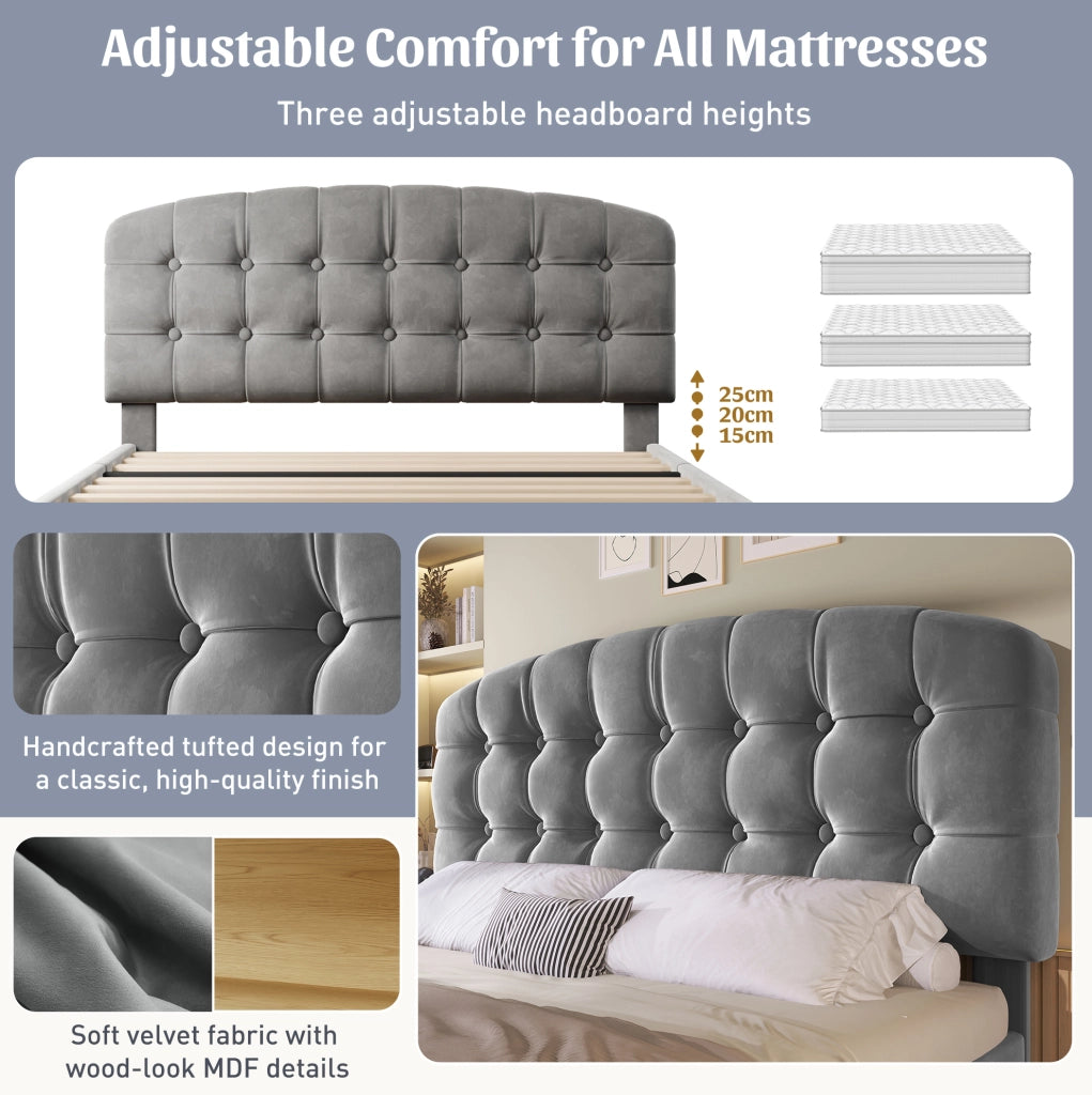 Letto matrimoniale imbottito 140x200 cm in velluto grigio con testiera regolabile, rete a doghe e cassetti contenitori