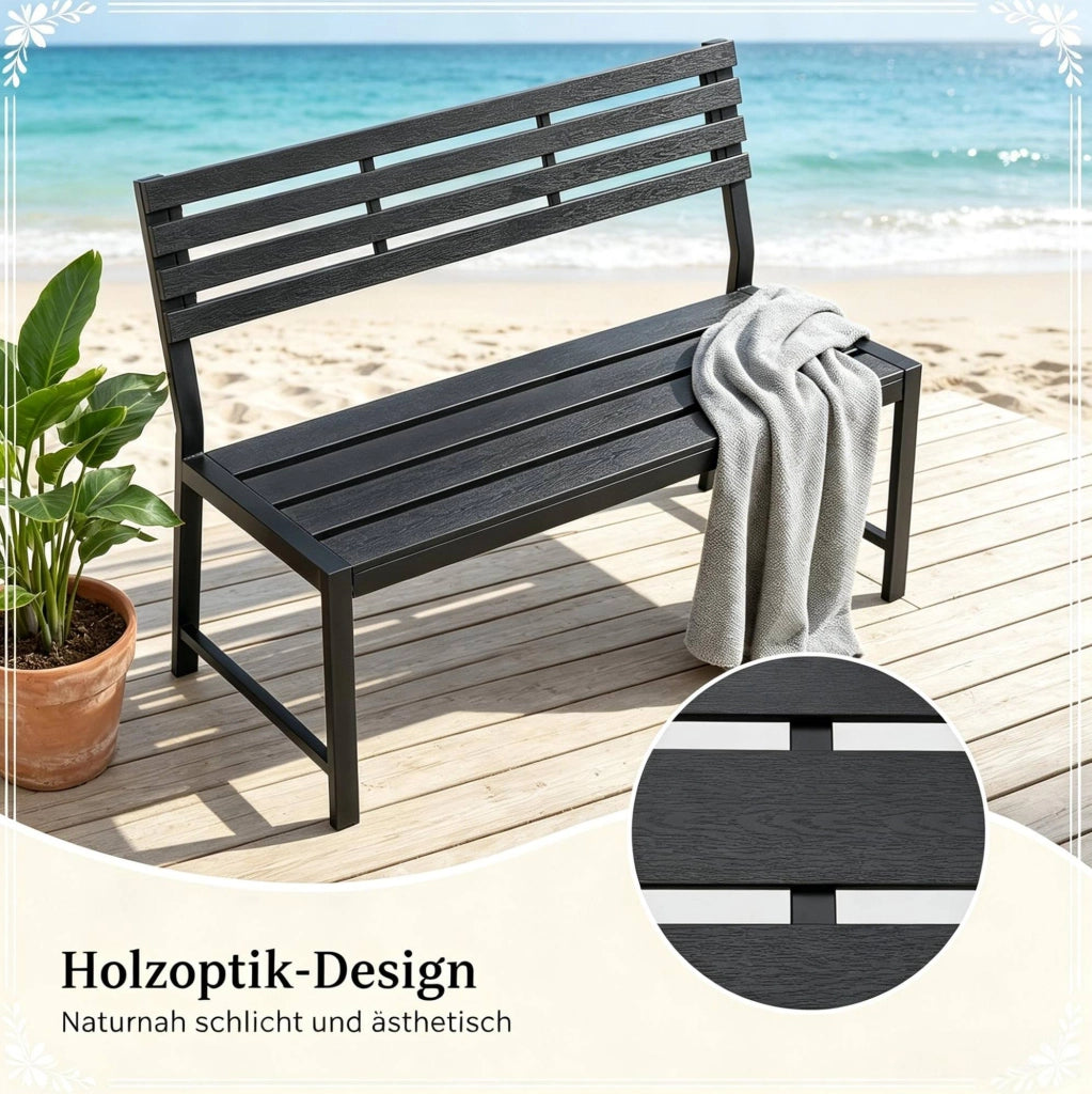 Panca da giardino con schienale in metallo e lamelle PS, 115x55x85 cm, colore nero