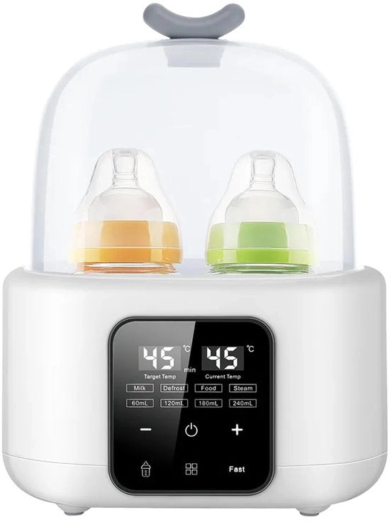Sterilisatore e riscaldatore di biberon con timer, regolazione di temperatura e display a LED; può riscaldare il latte materno e sterilizzare due biberon contemporaneamente.
