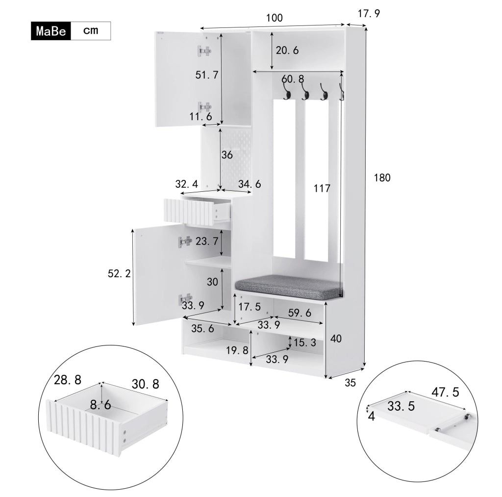 Mobile ingresso 100x35x180 cm con panca imbottita; 2 cassetti e 4 ganci in MDF bianco