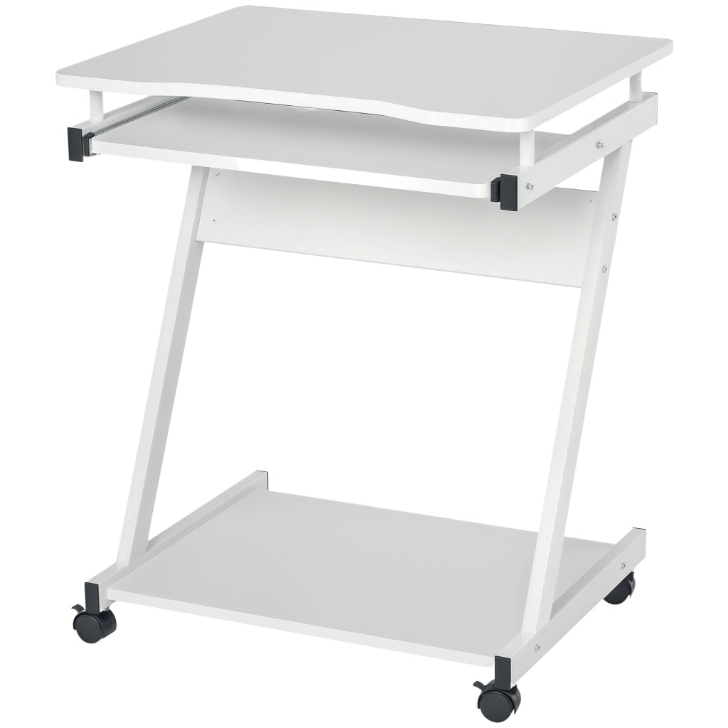 Tavolo Porta PC Classico e Salvaspazio, Piano Tastiera a Scomparsa, 4 Ruote e Ripiano Inferiore Bianco 60x48x73cm