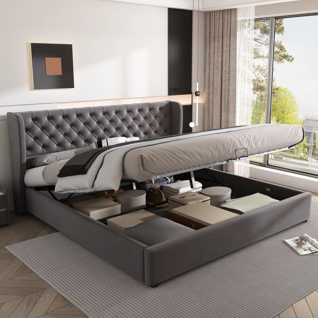 Letto imbottito matrimoniale a orecchio 160x200 cm in velluto con bottoni, sollevamento idraulico, rete a doghe e contenitore - Grigio