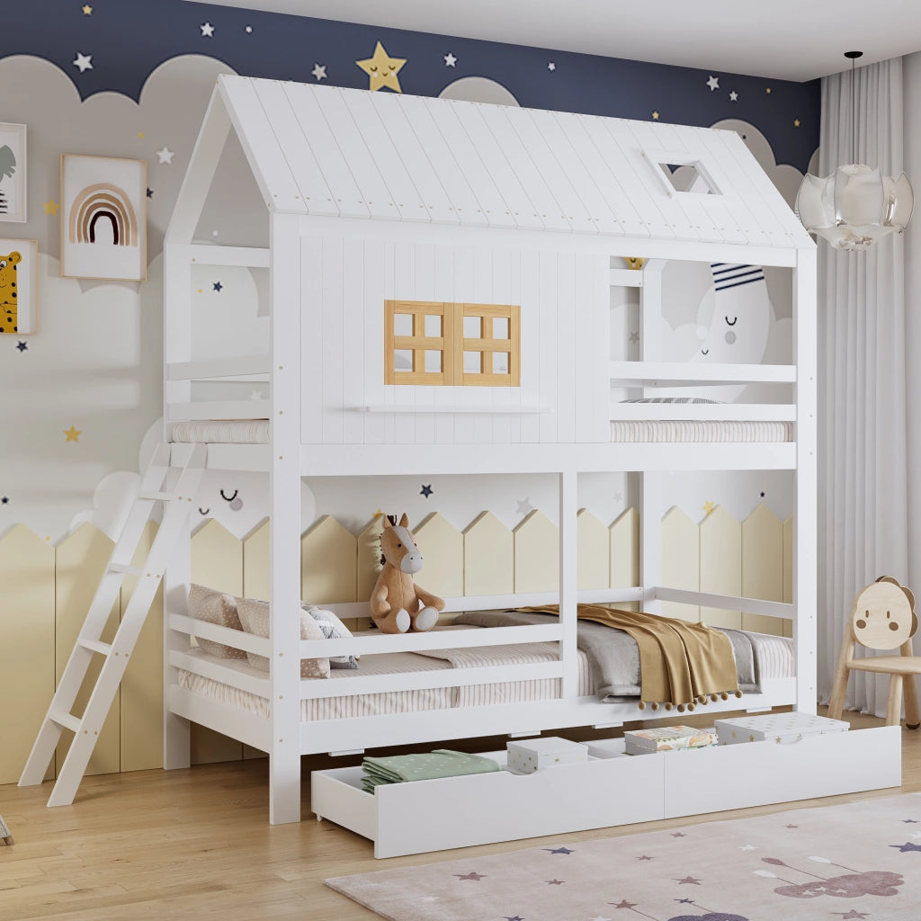 Letto a castello per bambini 90x200 cm a casetta con tetto e finestre; pino e MDF; bianco e legno naturale